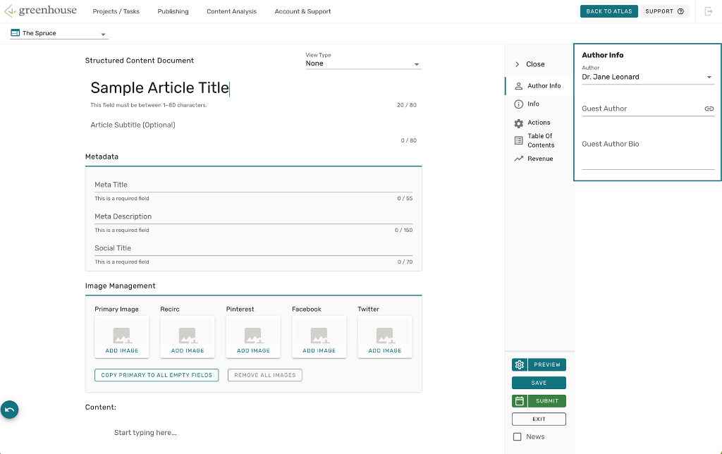 Greenhouse CMS - Author Info tab at the start of the project