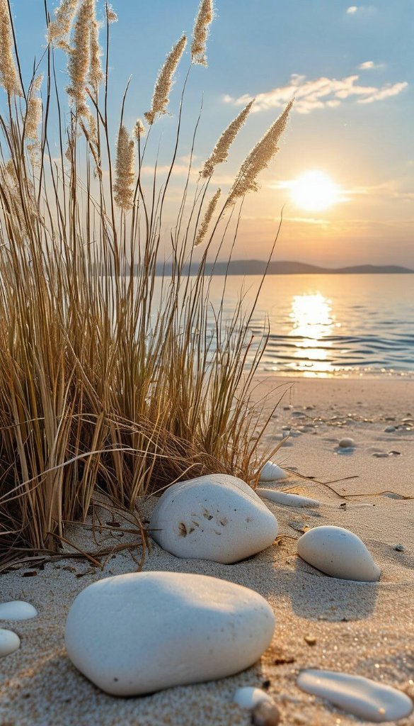 Sunrise over a calm shoreline.