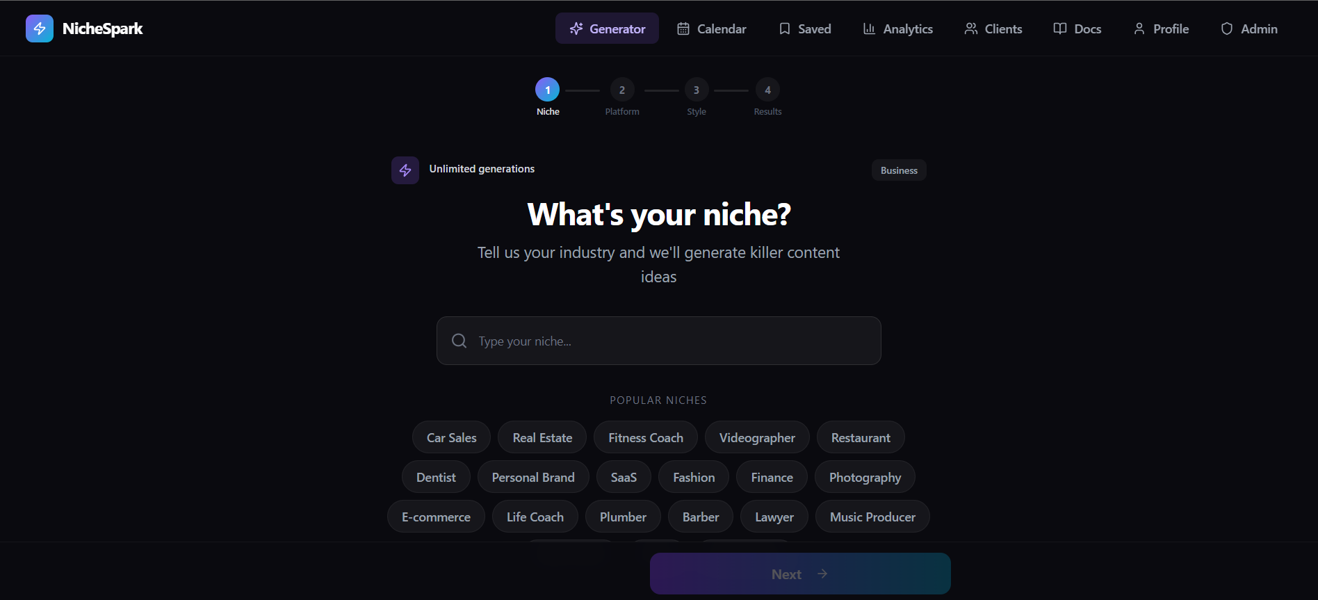 NicheSpark content topic generator and director template preview