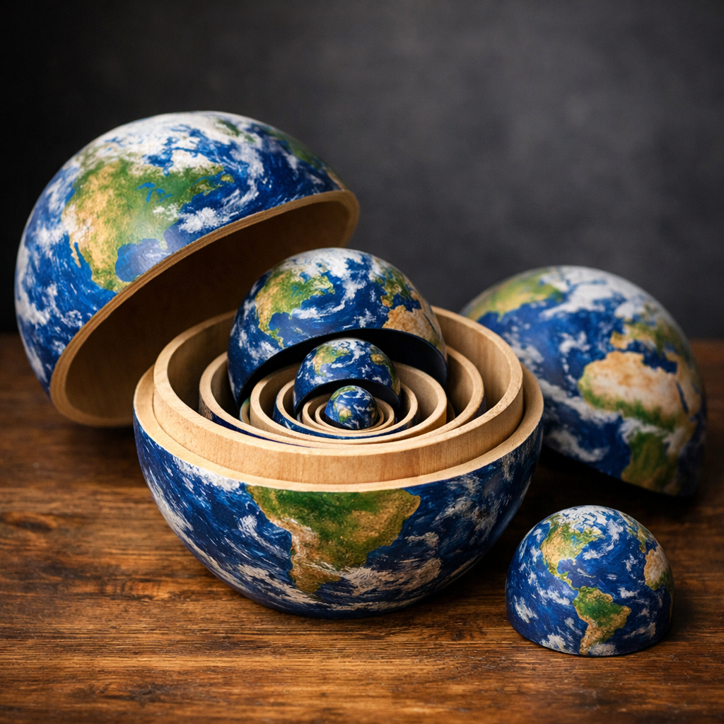 Nested Earth globes visualization showing Russian dolls structure of reality from planetary to molecular scale