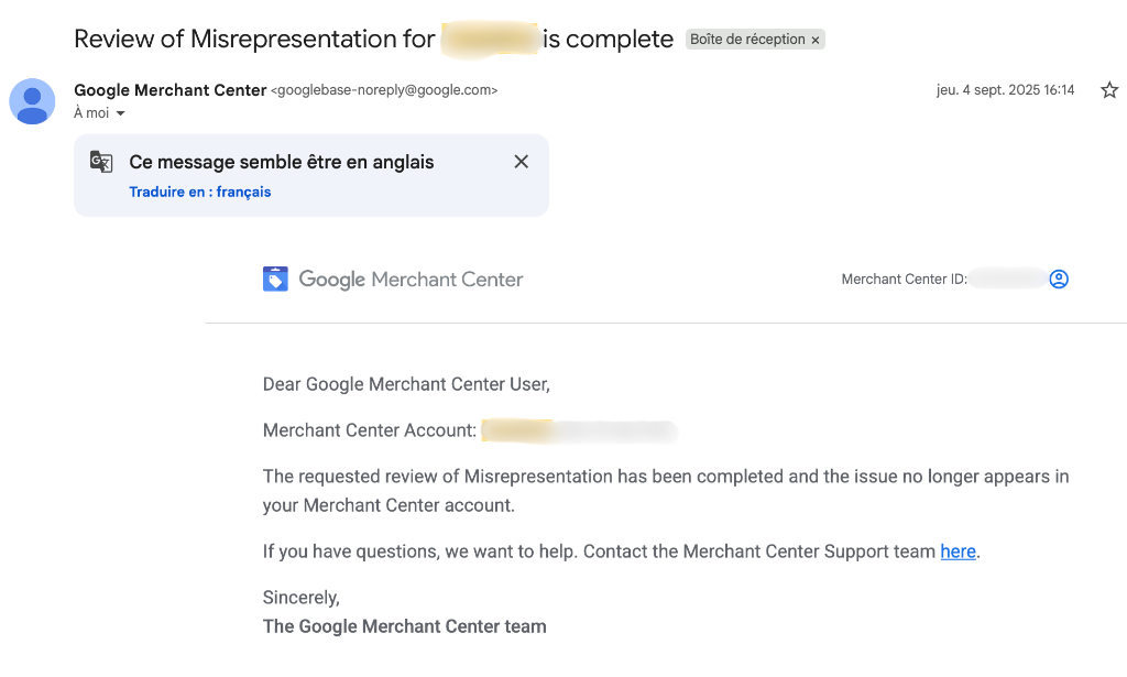 Email de réactivation Google Merchant Center