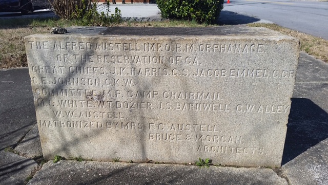 Inscription on the Alfred Austell Orphanage cornerstone detailing architects Bruce & Morgan