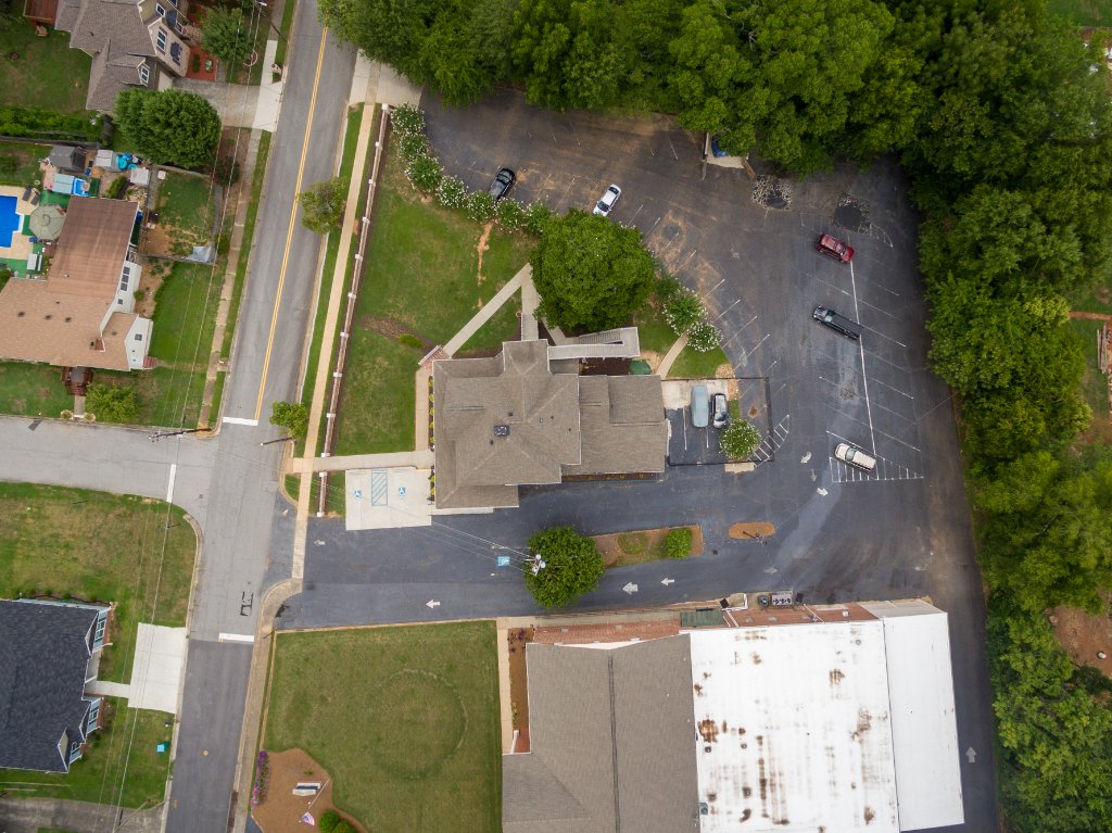 Bird's eye aerial photo Historic Austell House Victorian mansion with parking facilities Austell Georgia historic district