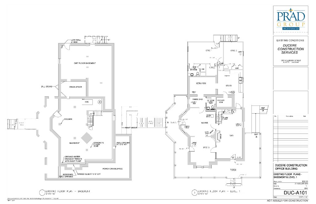 Existing floor plans basement and level 1 Historic Austell House architectural drawings