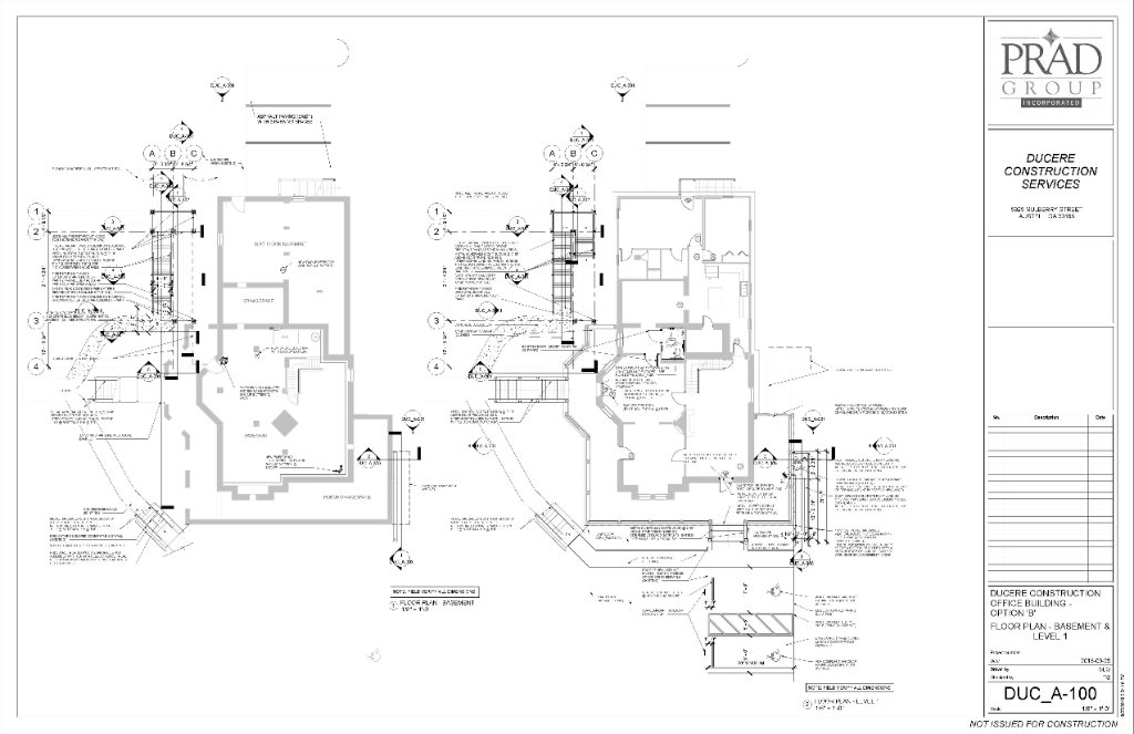 Detailed floor plan basement and level 1 Historic Austell House construction drawings by Ducere