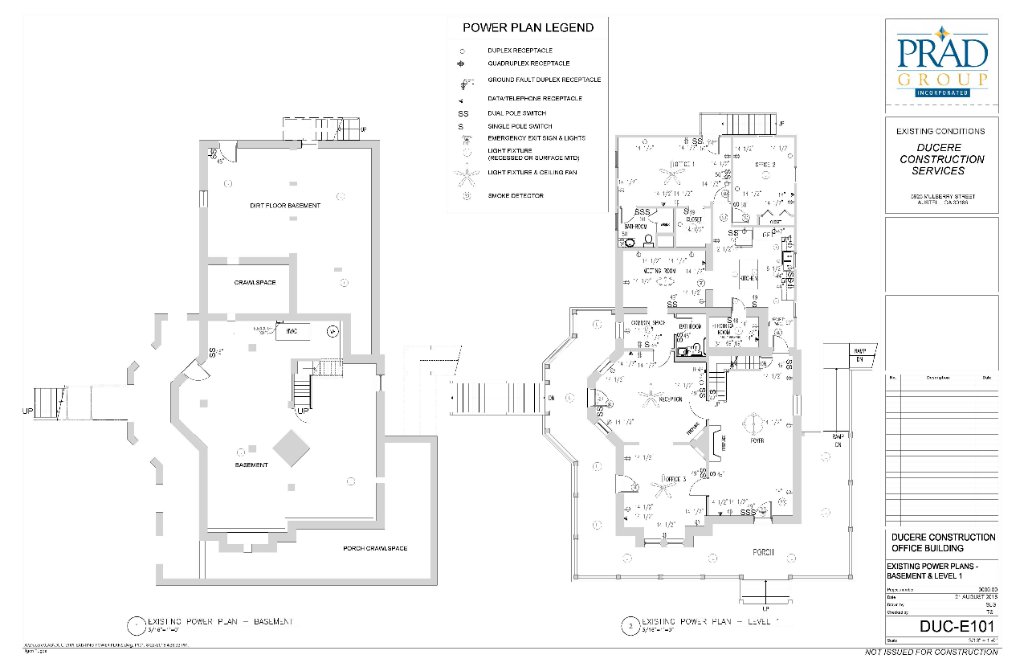 Existing power plans basement and level 1 Historic Austell House electrical drawings