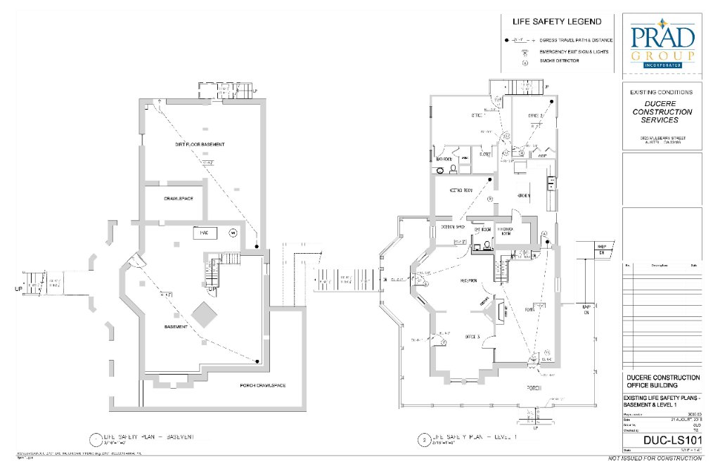 Life safety plans basement and level 1 Historic Austell House emergency egress drawings