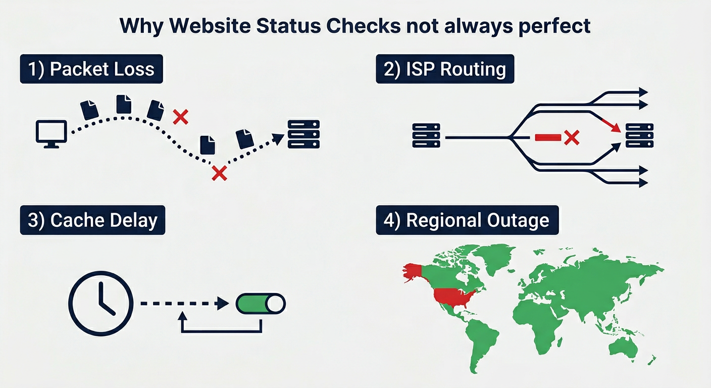Diagram illustrating why status checks are not always perfect — packet loss, ISP routing, caching, and regional outages