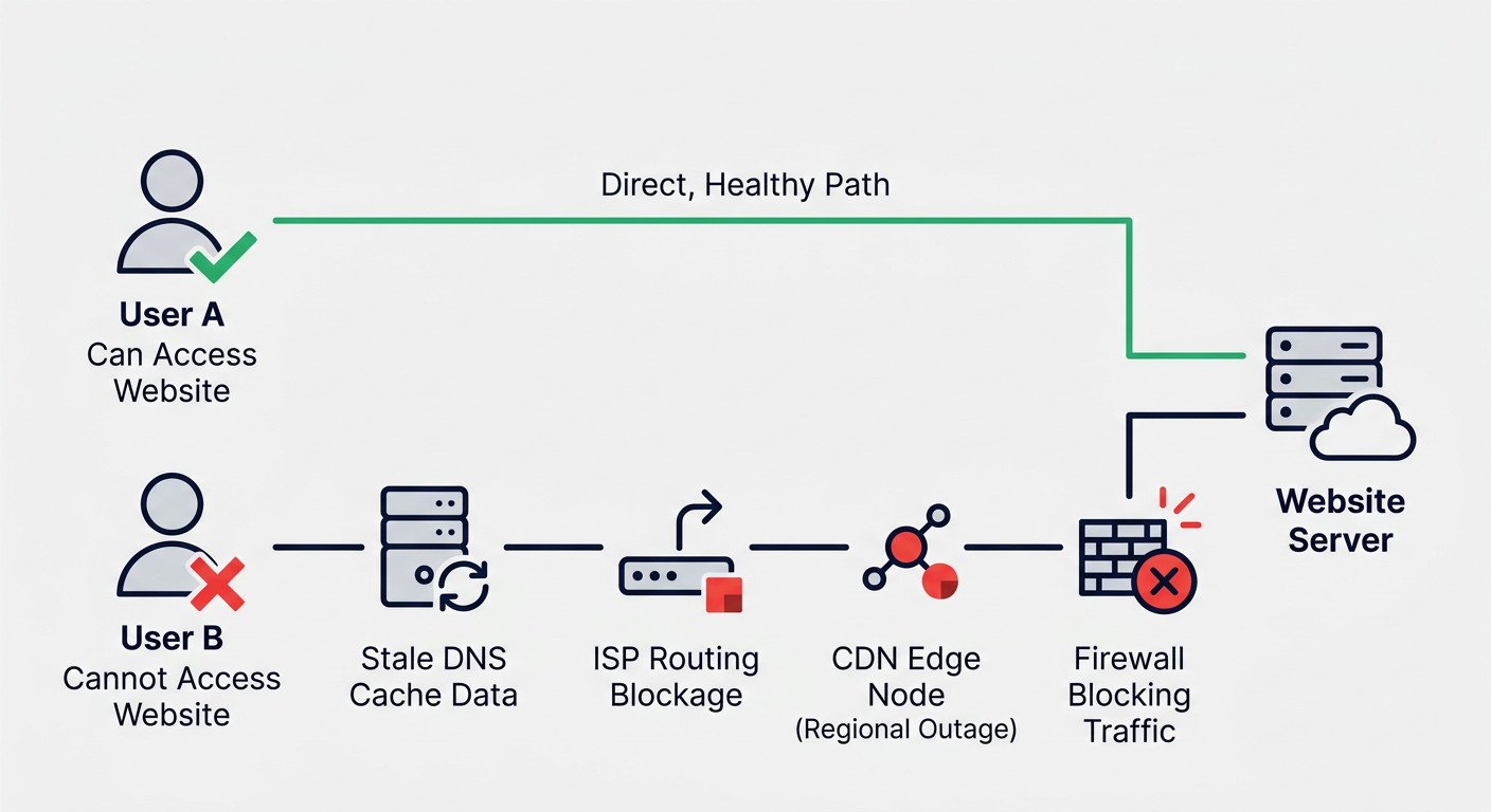Diagram showing why a website may work for some users but not others — DNS cache, ISP routing, CDN edge nodes, and firewalls