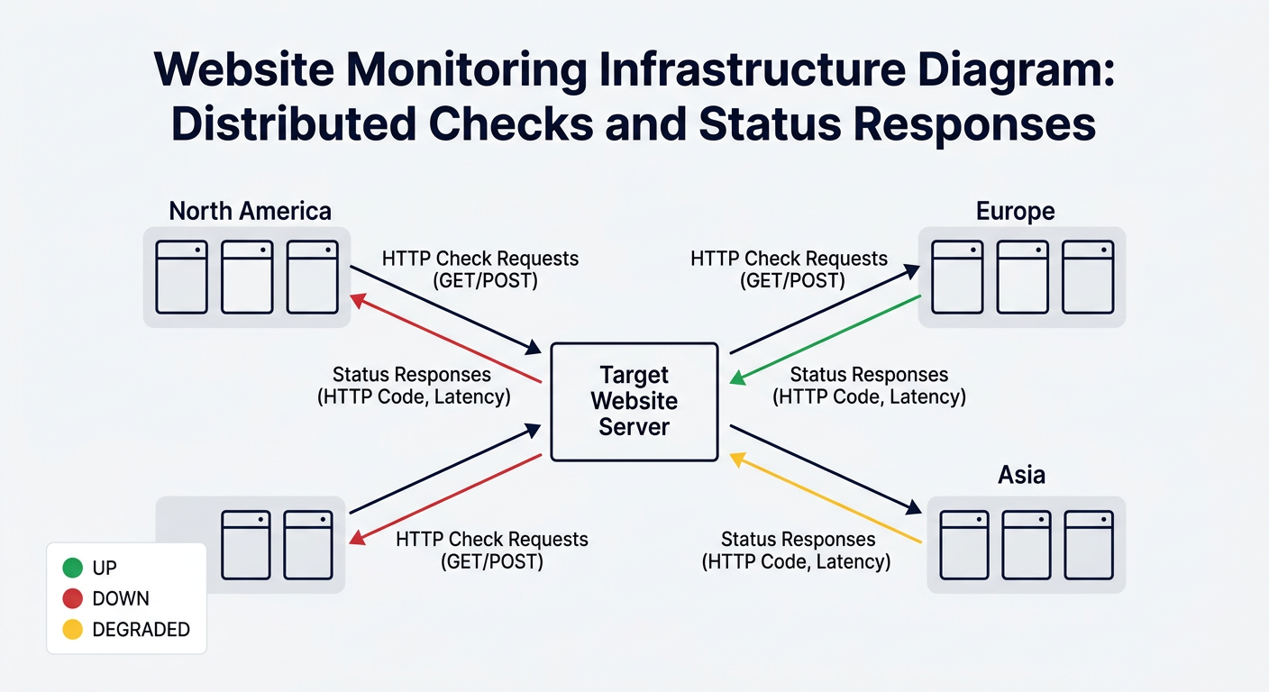 Diagram showing SiteAlive's distributed monitoring infrastructure checking website status from multiple global locations