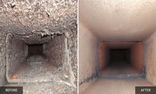 Chimney flue cleaning before and after