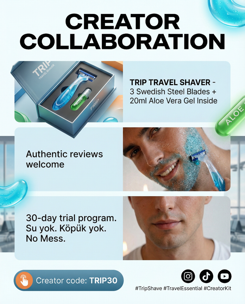 Creator Collaboration - TRIP Travel Shaver: 3 Swedish Steel Blades + 20ml Aloe Vera Gel Inside. Authentic reviews welcome. 30-day trial program. No water. No foam. No Mess. Creator code: TRIP30