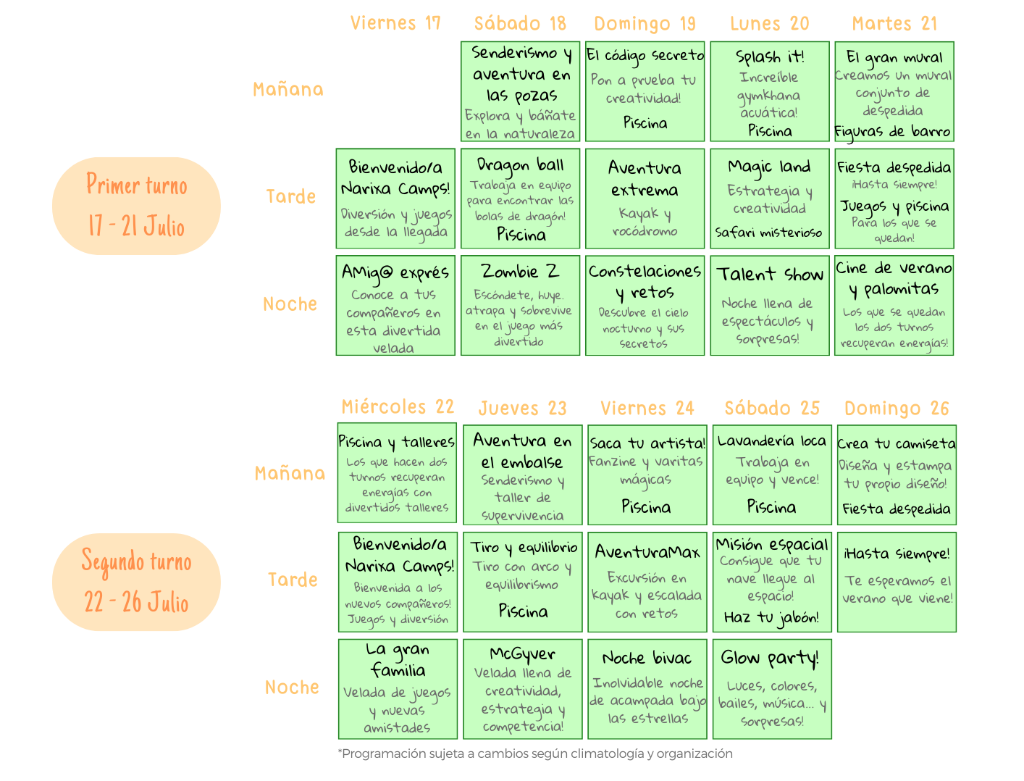 Calendario detallado del programa de actividades Narixa Camps 2026