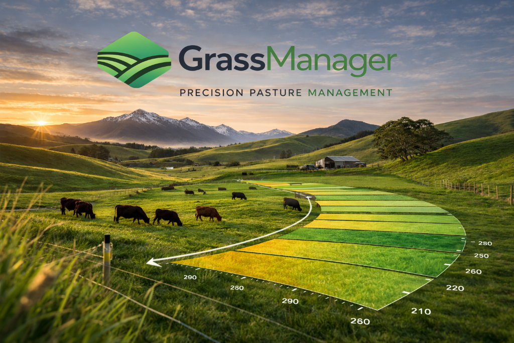 GrassManager — paddock view with cows