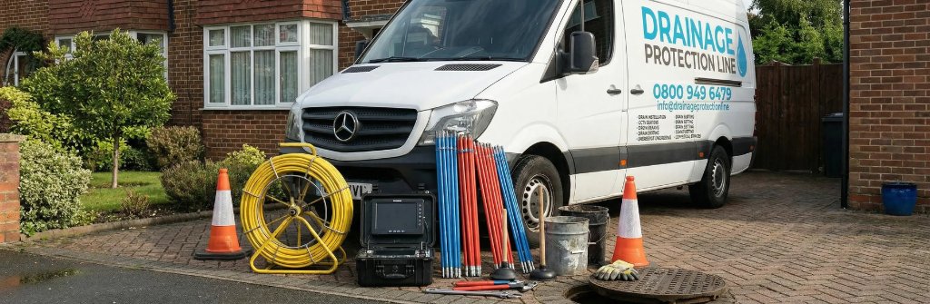 Drainage Protection Line branded service van with logo and contact number