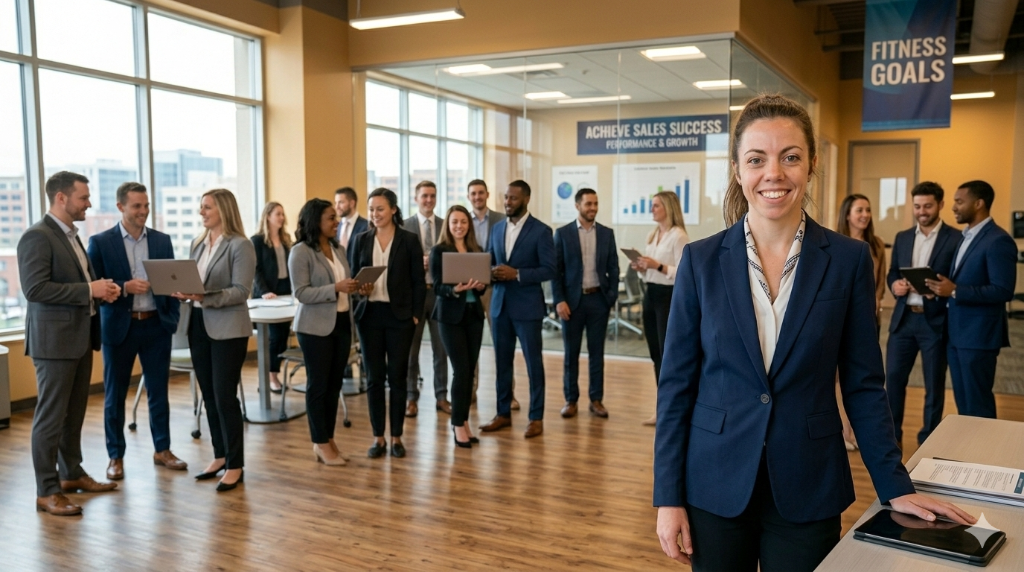 Sales leader coaching a team in a professional office setting