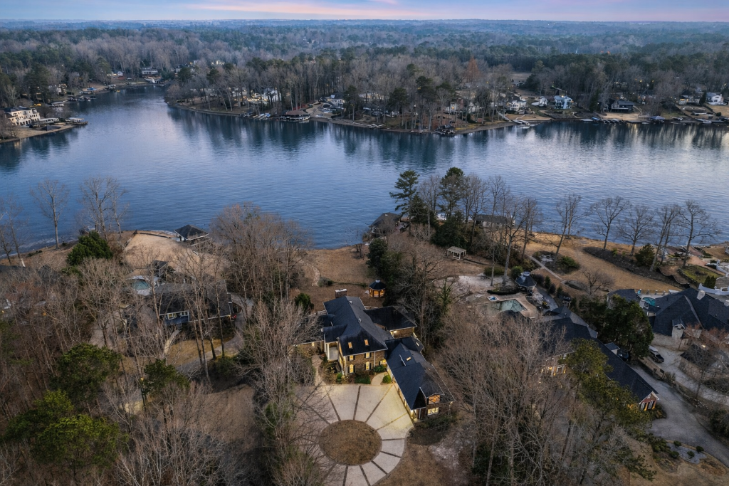 Aerial view of lakefront property