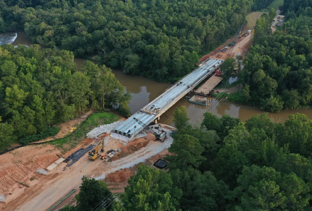 Aerial view of bridge construction site