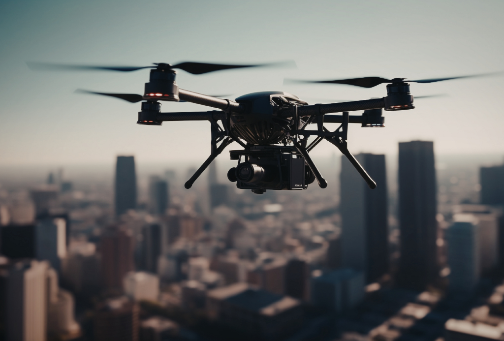 Drone flying over cityscape