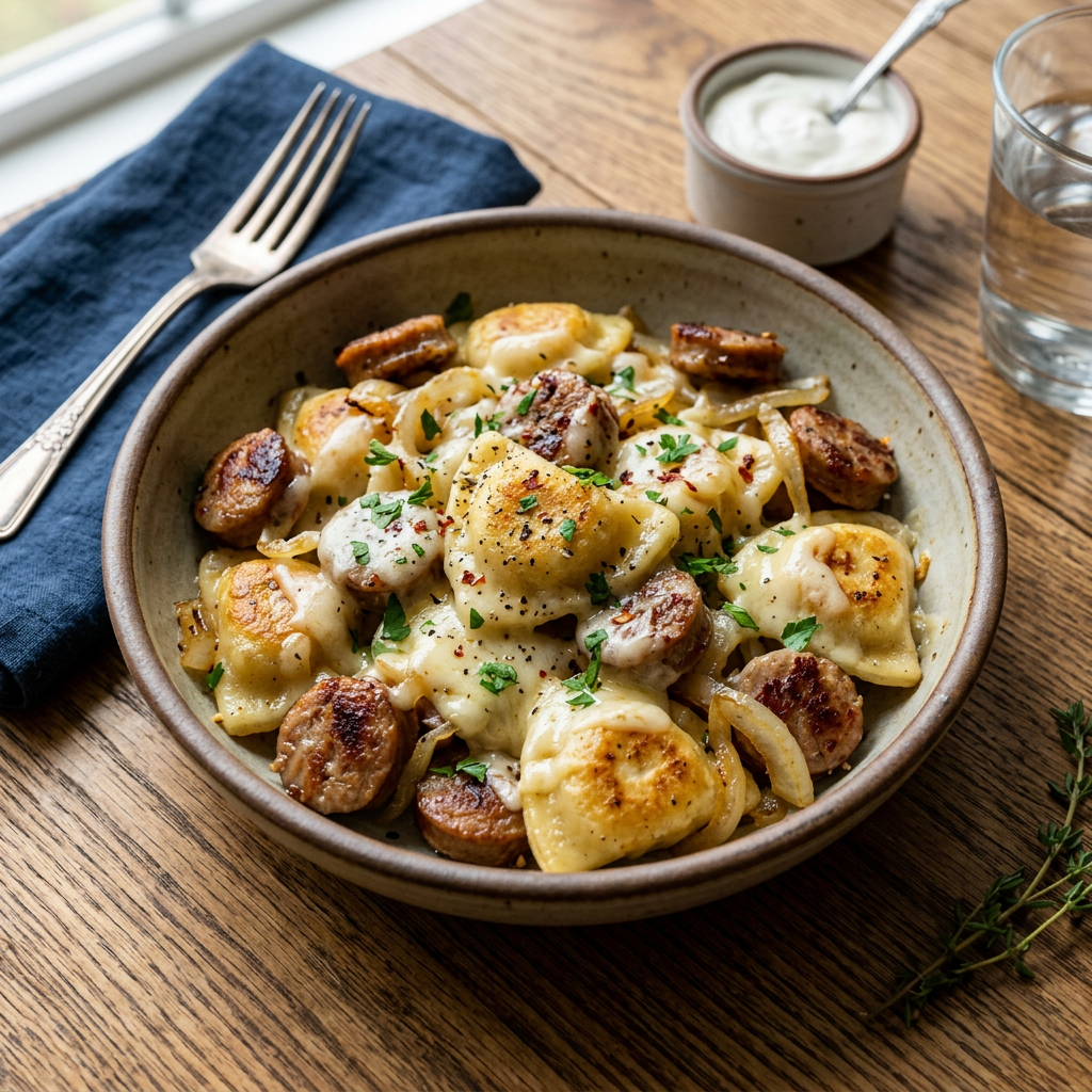Mini Pierogies with Sausage and Onions
