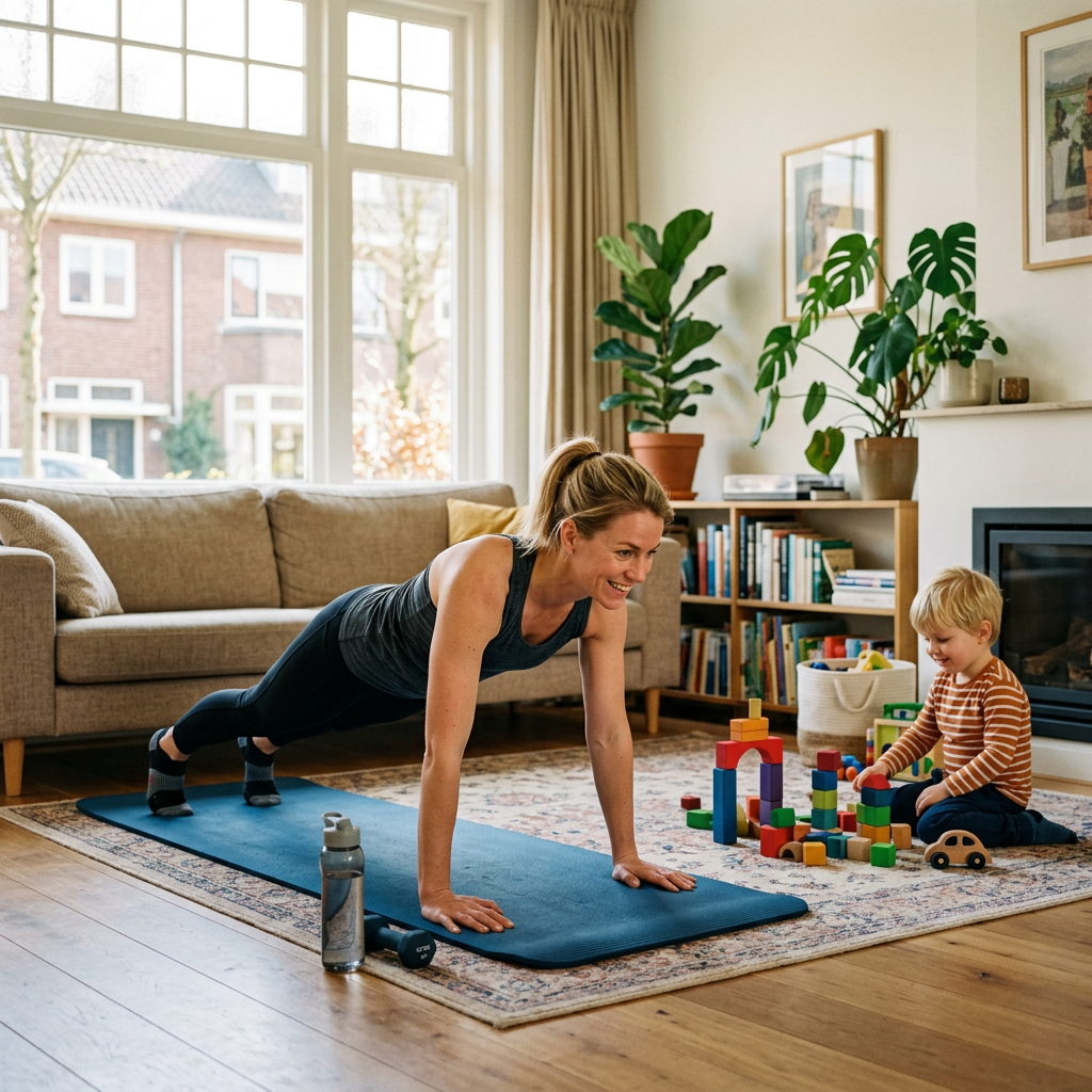 Moeder doet thuis een korte workout op yogamat