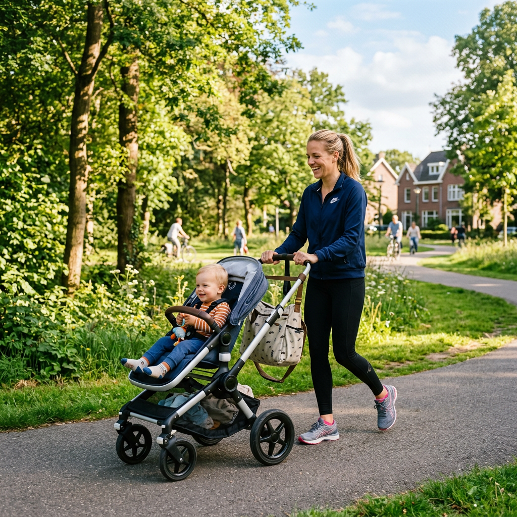 Moeder wandelt buiten met kind in park