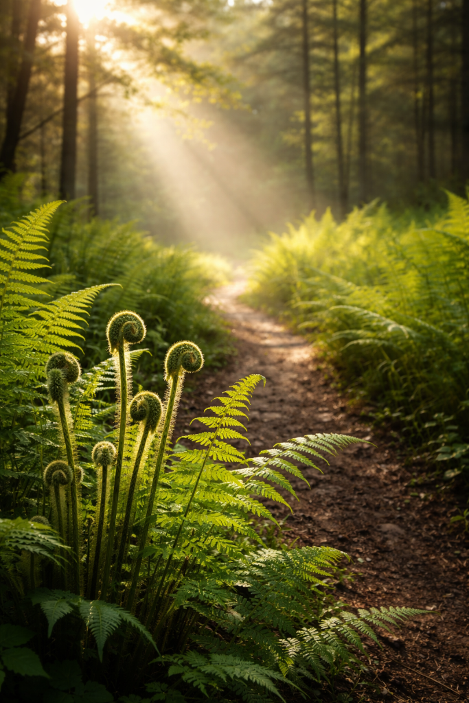 Sunlit forest path lined with ferns and fiddleheads