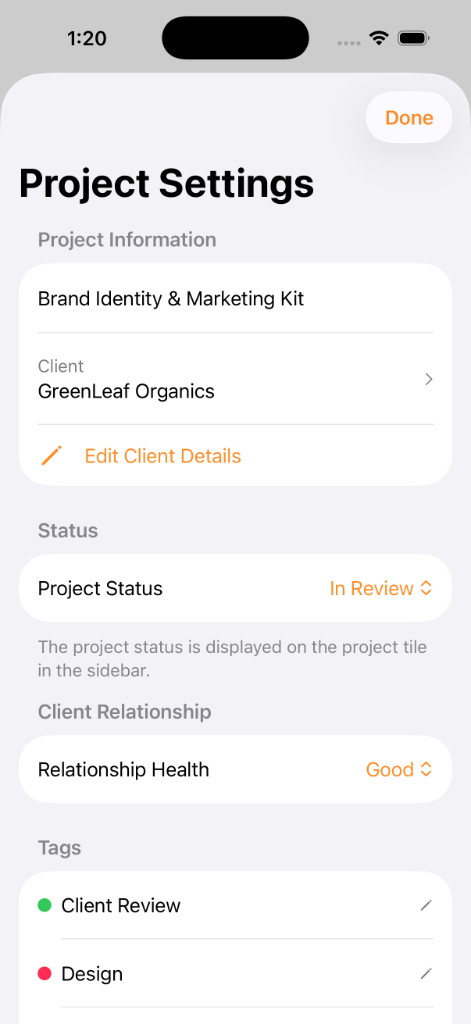 Project settings with tags and metadata