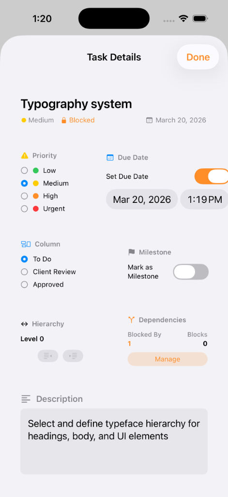 Task details with priority and due dates