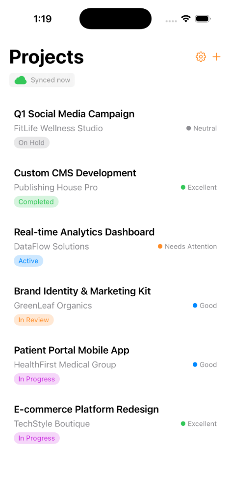 Projects dashboard with client tracking