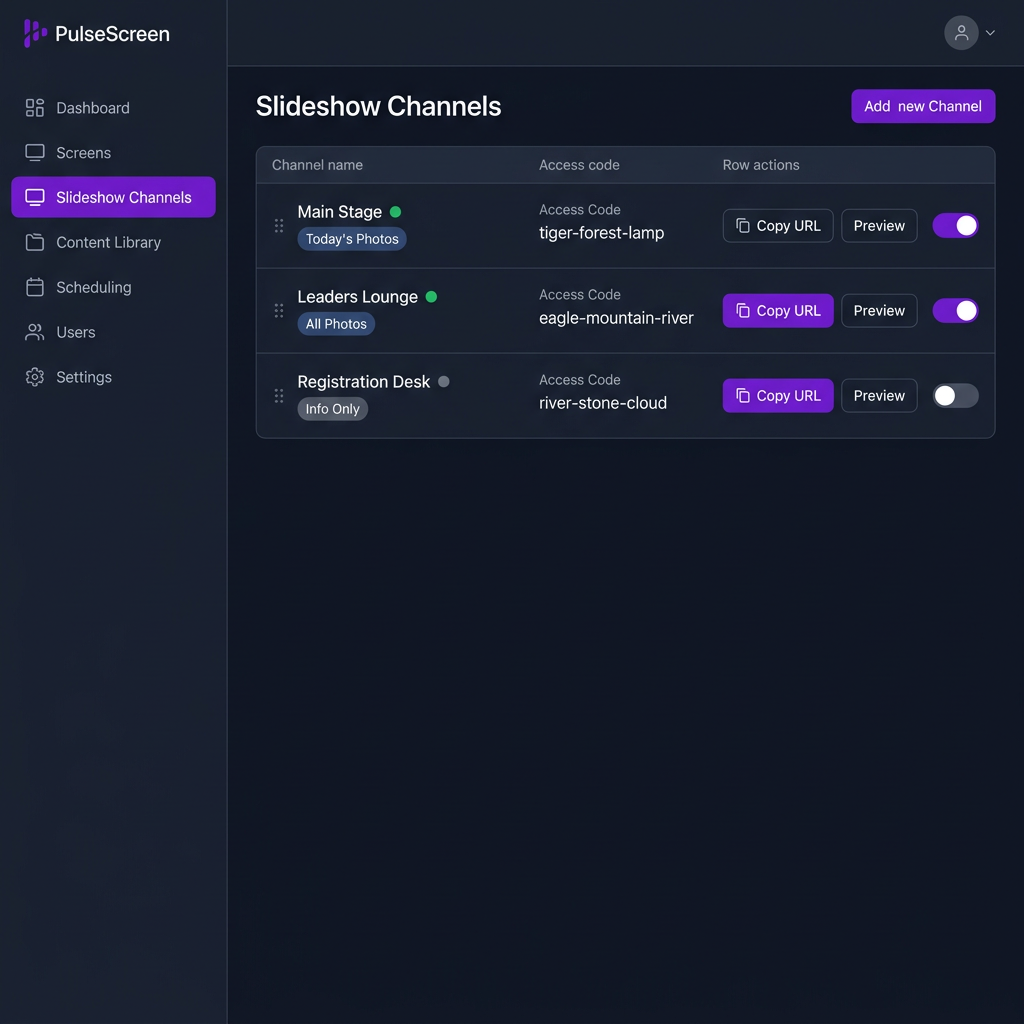 PulseScreen Slideshow Channels
