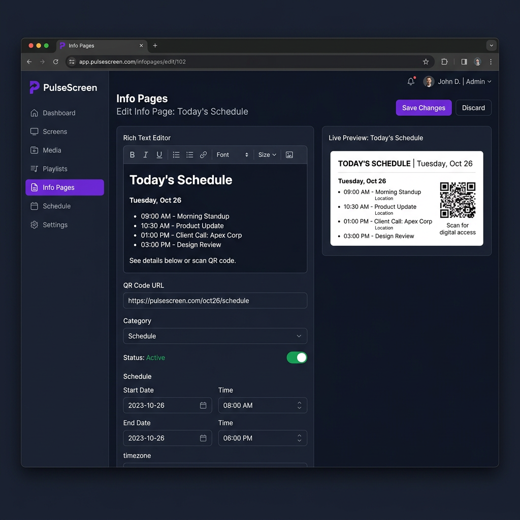 PulseScreen Info Pages Editor