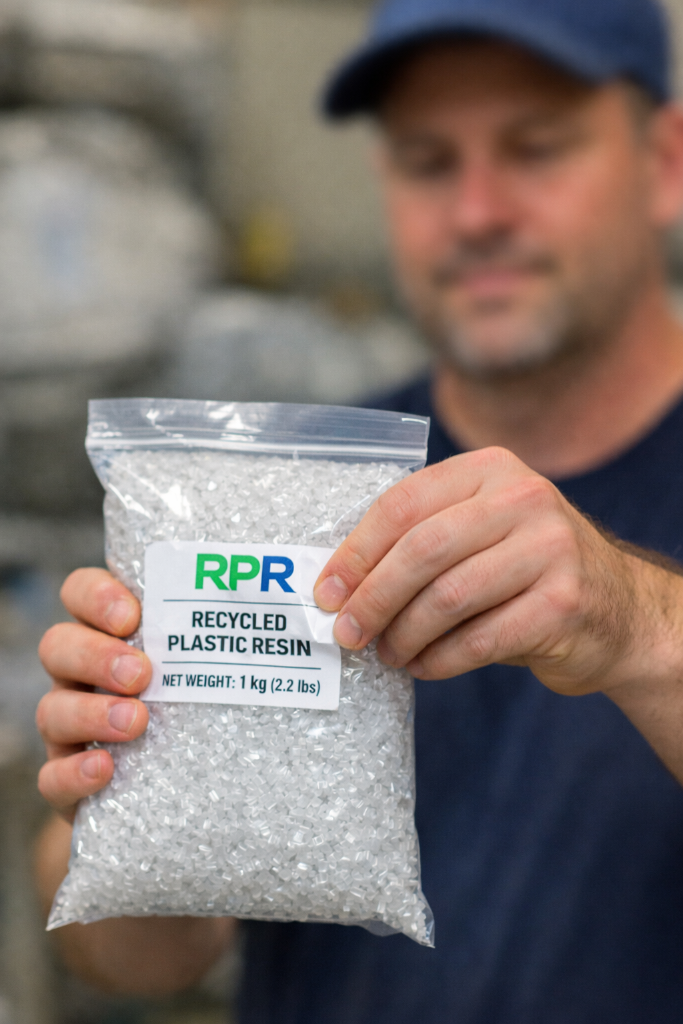 Person holding a 1kg bag of RPR Recycled Plastic Resin