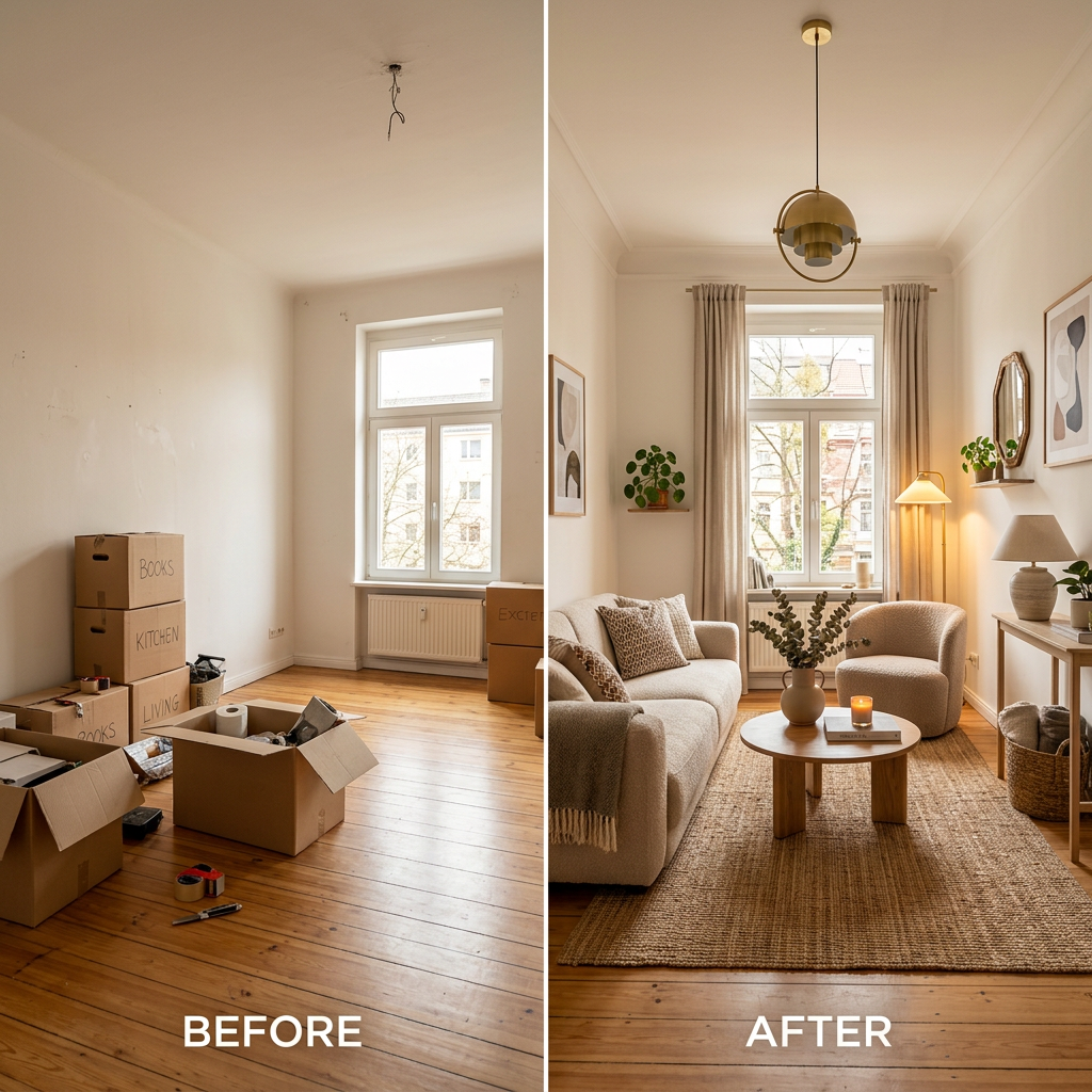 Empty apartment transitioning into a beautifully styled short-stay property
