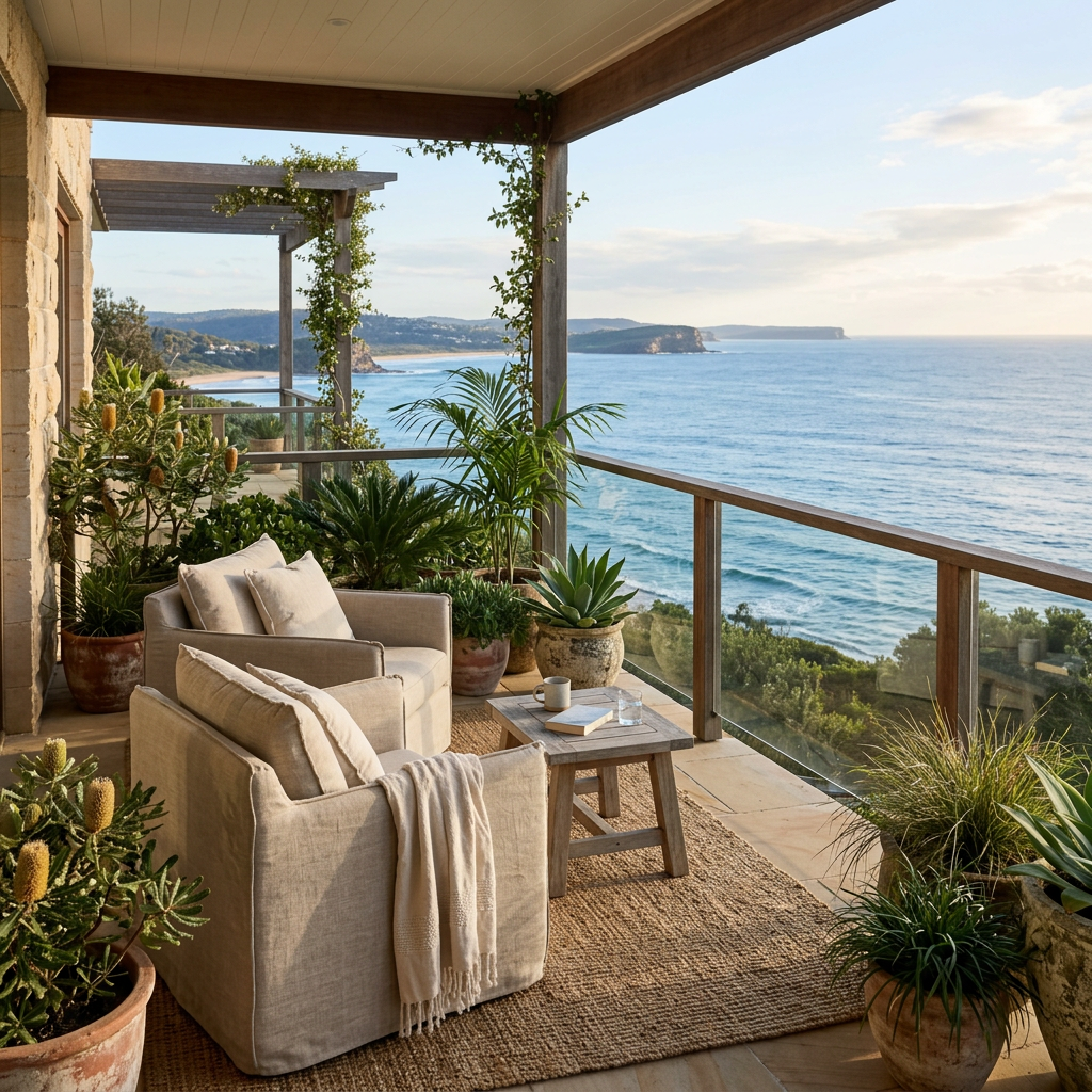 Coastal terrace outdoor space with designer furniture overlooking waterfront views
