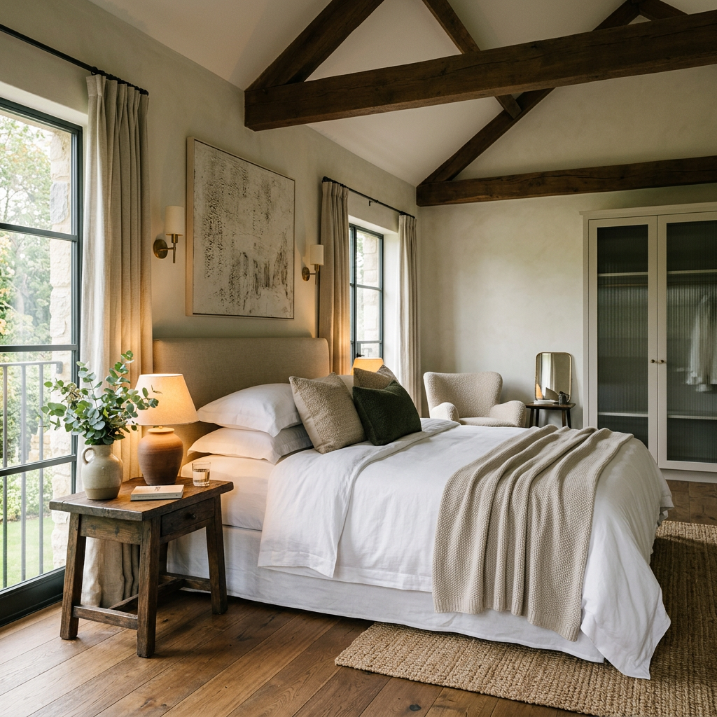 Premium styled bedroom with crisp white linen and eucalyptus
