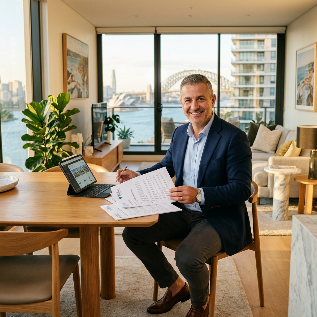 Professional property manager reviewing documents in furnished apartment