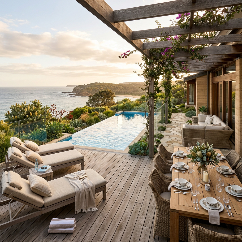 Luxury outdoor entertaining space with designer seating and stylish ambiance for guest gatherings
