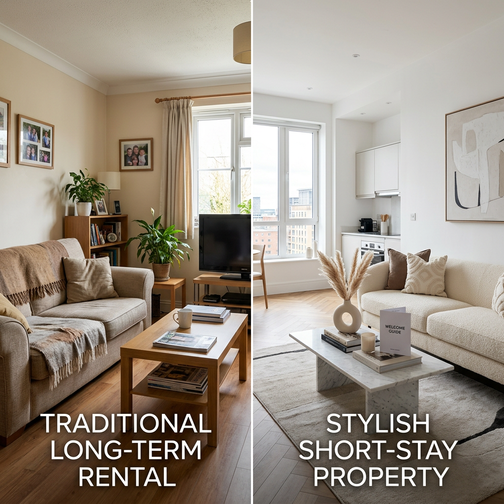Short-stay vs long-term rental comparison concept