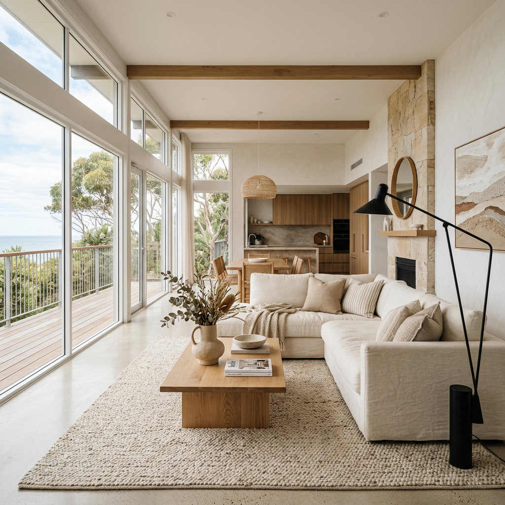 Professionally styled premium living room with modern furnishings designed for luxury short-stay rental