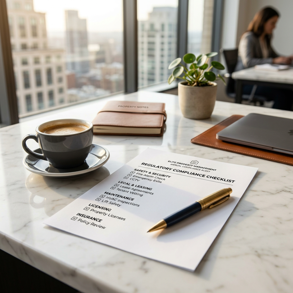 Regulatory compliance checklist on marble desk with coffee