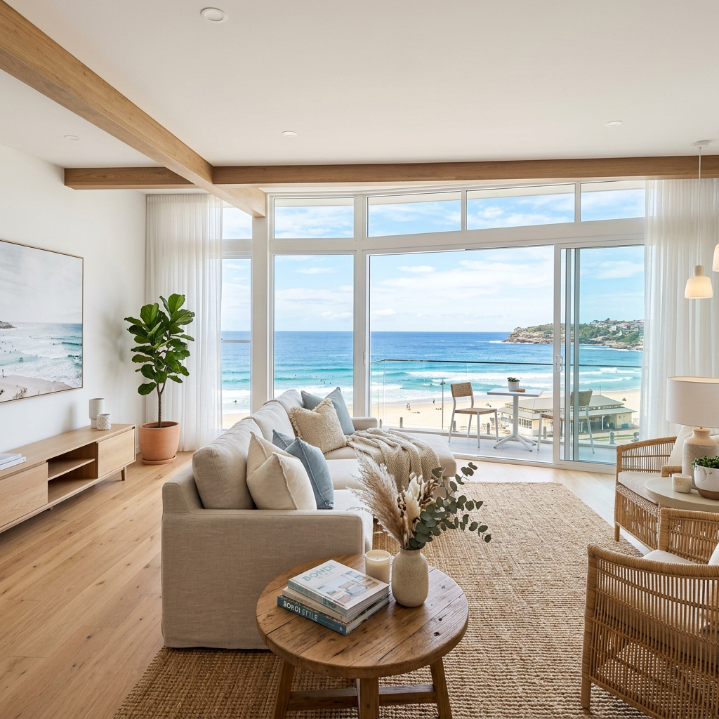 Example Bondi Beach 2-bedroom apartment styled for premium short-stay rental earning $86000 annually