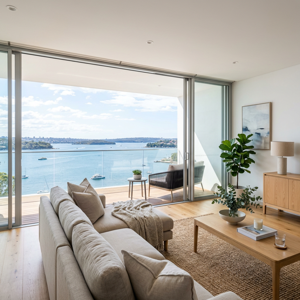 Professionally styled coastal apartment living room with ocean view and premium furnishings