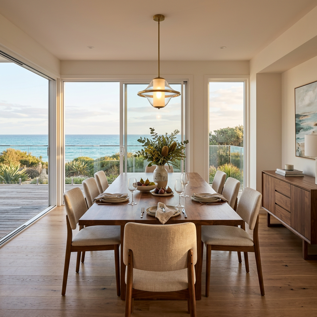 Stylish dining area with designer furniture and contemporary decor for entertainment