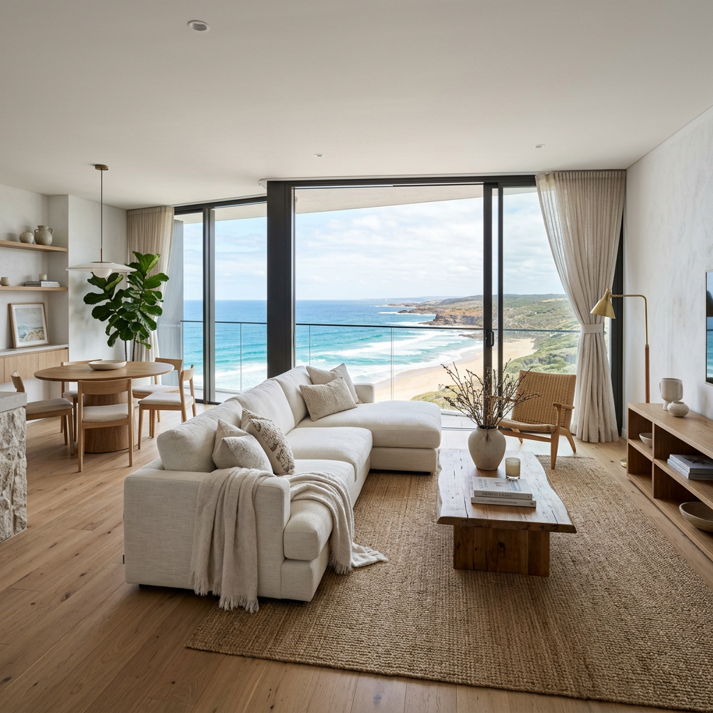 Modern coastal apartment interior with ocean view