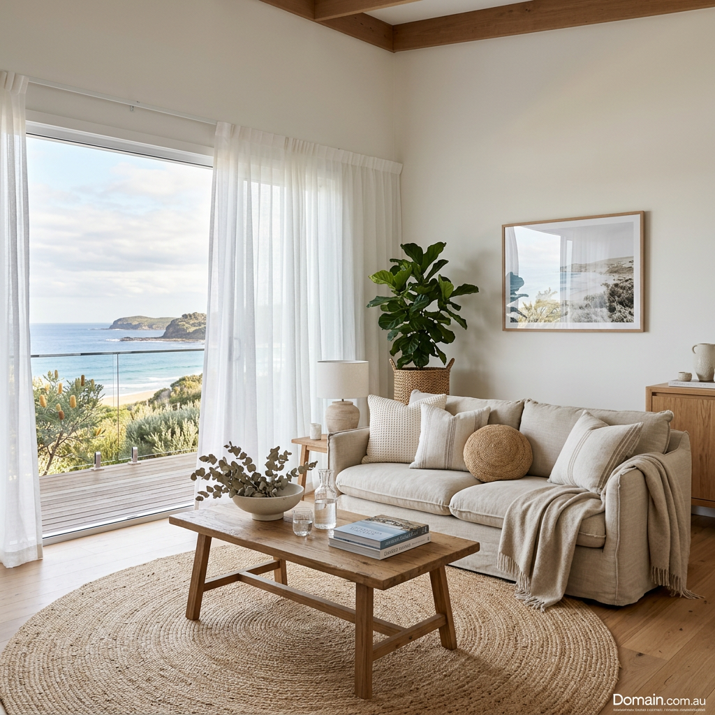 Minimalist coastal living room with natural textures and contemporary design