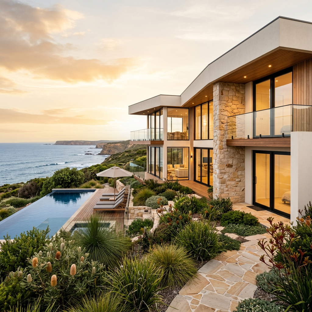 Modern coastal apartment exterior architecture styled for premium short-stay rental