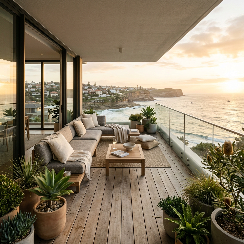 Luxurious Sydney coastal apartment with premium terrace overlooking the ocean, styled for short-stay rental