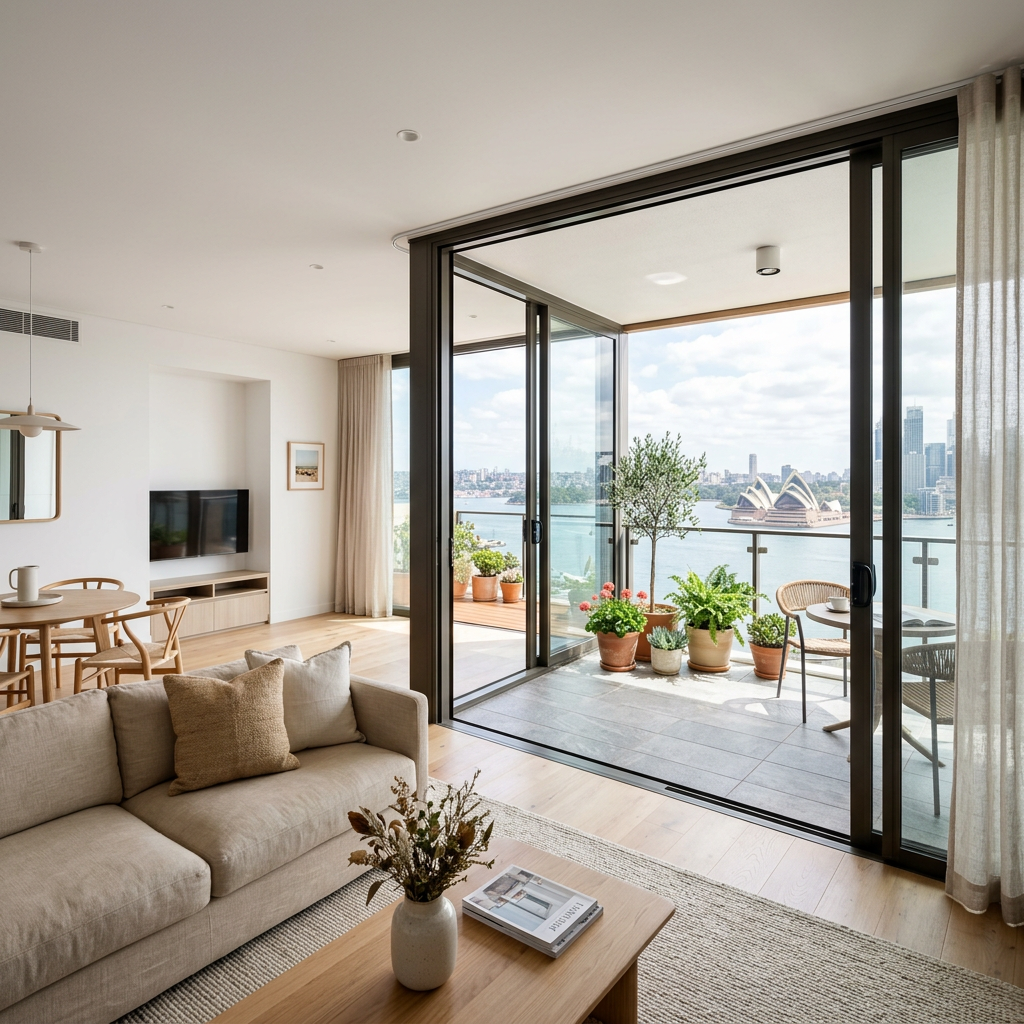 Sydney apartment interior with balcony, decorative plants and premium furnishings