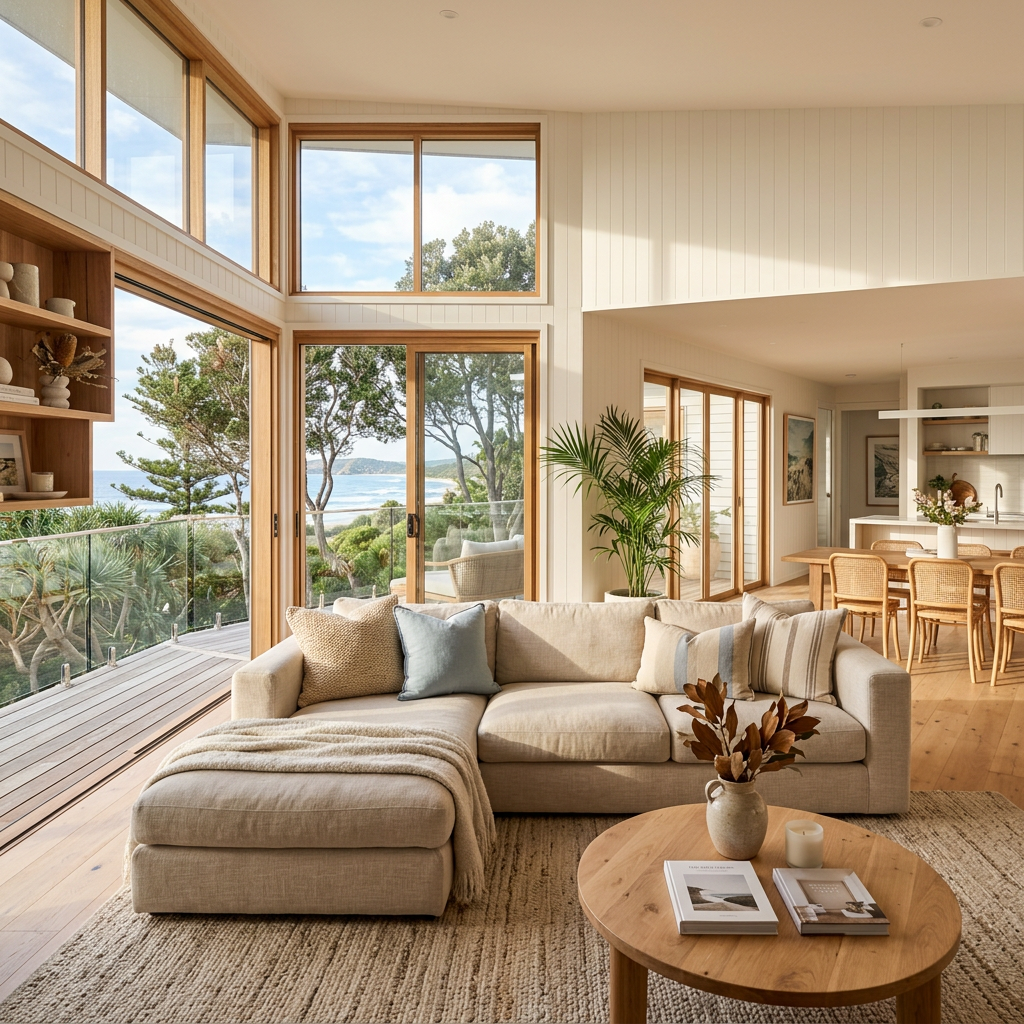 Premium coastal interior with professional design and furnishings achieving 60% higher nightly rates